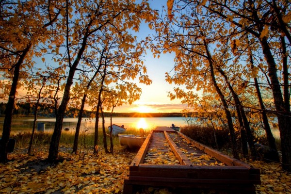 Sol de otoño sobre la orilla del río