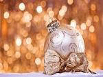 Bonita bola y lazo dorado para adornar en Navidad