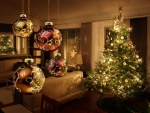 Bolas y un bonito árbol de Navidad iluminado