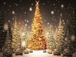 Nieva sobre los árboles de Navidad iluminados