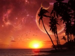El sol y varios planetas vistos desde la playa