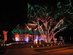 Árbol y casa con luces navideñas