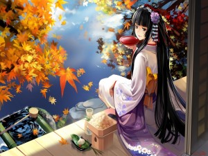 Muchacha anime tomando té junto al agua en otoño