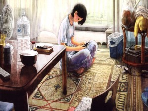 Postal: Una joven japonesa jugando con una videoconsola