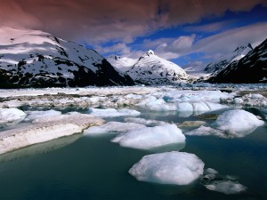 Postal: Hielo en el agua y las montañas