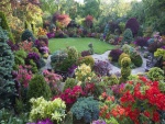 Maravilloso jardín con árboles, arbustos y flores de diversos colores