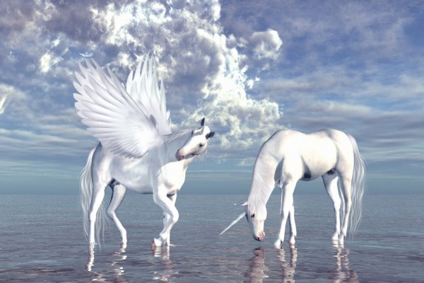 Un unicornio y Pegaso a orillas del mar (seres mitológicos)