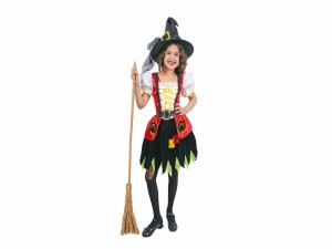 Una jovial niña con un disfraz de bruja para Halloween