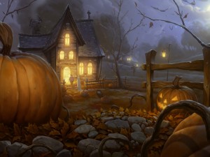 Postal: Pidiendo caramelos en la noche de Halloween