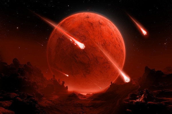 Meteoritos cayendo en un planeta