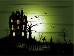 "Feliz Halloween" junto a un castillo embrujado