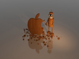 Bender tallando en madera el logo de Apple