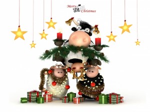 Postal: Ovejas adornando a una vaca por Navidad