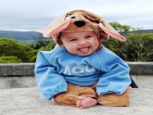 Postal: Un gracioso bebé con un gorro de perro