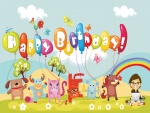 Animales sosteniendo globos de "Feliz Cumpleaños"
