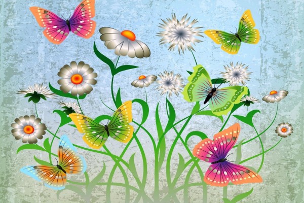 Dibujo abstracto con flores blancas y mariposas