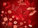 Flores y mariposas en tonos de color rojo