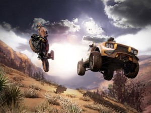 Moto y coche compitiendo en un rally (videojuego)