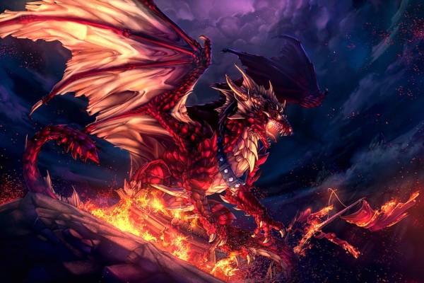 Dragón rojo quemando un barco