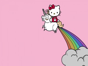 Hello Kitty viajando sobre un unicornio