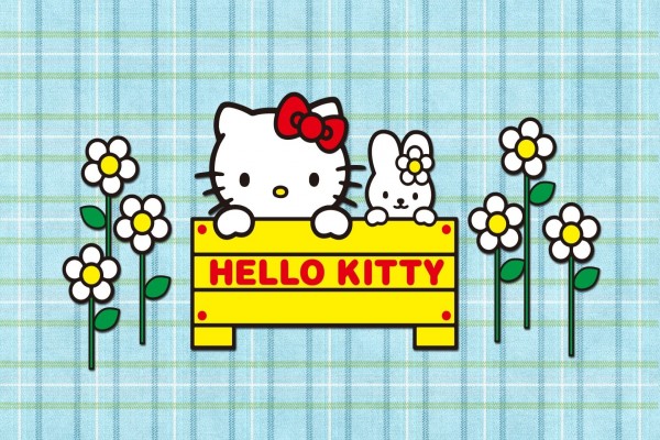 Hello Kitty y su amiga tras un cartel amarillo