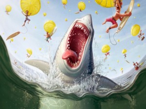 Postal: Tiburón intentando comer surfistas que caen del cielo