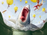 Tiburón intentando comer surfistas que caen del cielo