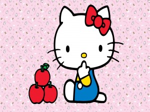 Postal: Hello Kitty con tres manzanas