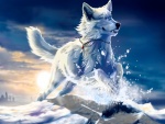 Lobo mágico corriendo por la nieve