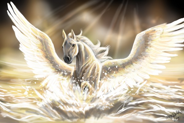 Rayos de luz iluminando a un caballo blanco con alas