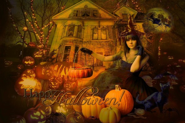 Una joven bruja deseando un "Feliz Halloween"