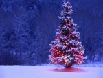 Árbol de Navidad iluminado sobre la nieve
