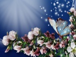 Rama con flores y una brillante mariposa