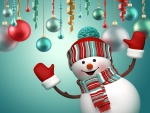 Un simpático muñeco de nieve bajo los adornos de Navidad