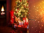 Regalos bajo el árbol de Navidad iluminado