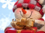 Muñeco de nieve con un regalo para Navidad