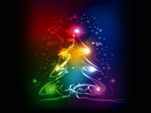 Postal: Árbol de Navidad con luces y colores resplandecientes