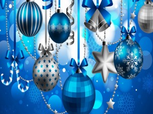 Postal: Adornos navideños en color azul
