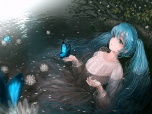 Postal: Chica anime dentro del agua con una mariposa en su mano