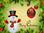 Muñeco de nieve entre adornos navideños te desea "Feliz Navidad"