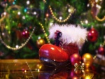 Bota de Santa Claus junto al árbol de Navidad iluminado