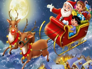 Niños entusiasmados viajando con Santa en el trineo navideño