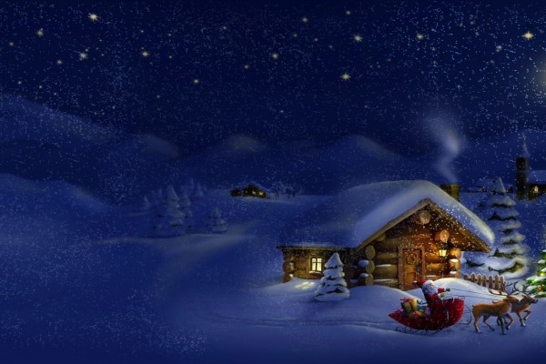Papá Noel repartiendo regalos en una noche fría de Navidad