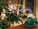 Adornos navideños oliendo el aroma de un café