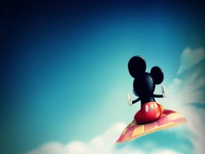 Mickey Mouse volando en una alfombra mágica