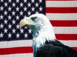 Postal: Águila y bandera estadounidense