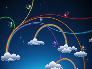 Postal: Hadas montando un gran arcoíris