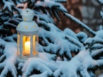 Farol con una vela encendida sobre una rama con nieve