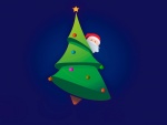Santa Claus tras un árbol de Navidad