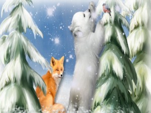 Un zorro junto a un curioso oso polar